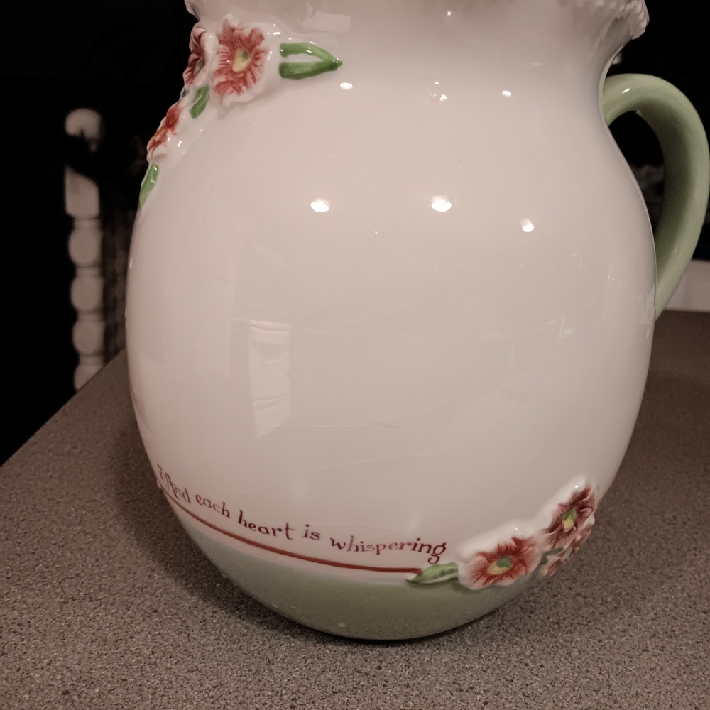Floral White and Green Ceramic Pitcher